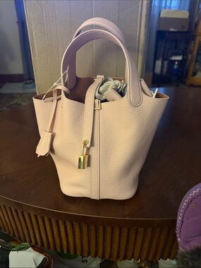 Petite. Pebbled Leather Satchel in Light Pink with Gold Accent